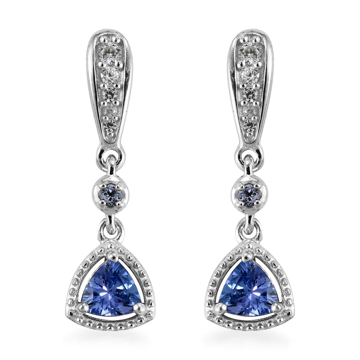 Tanzanite and Natural White Zircon Dangling Earrings in Platinum Over Sterling Silver 0.85 ctw image number 0