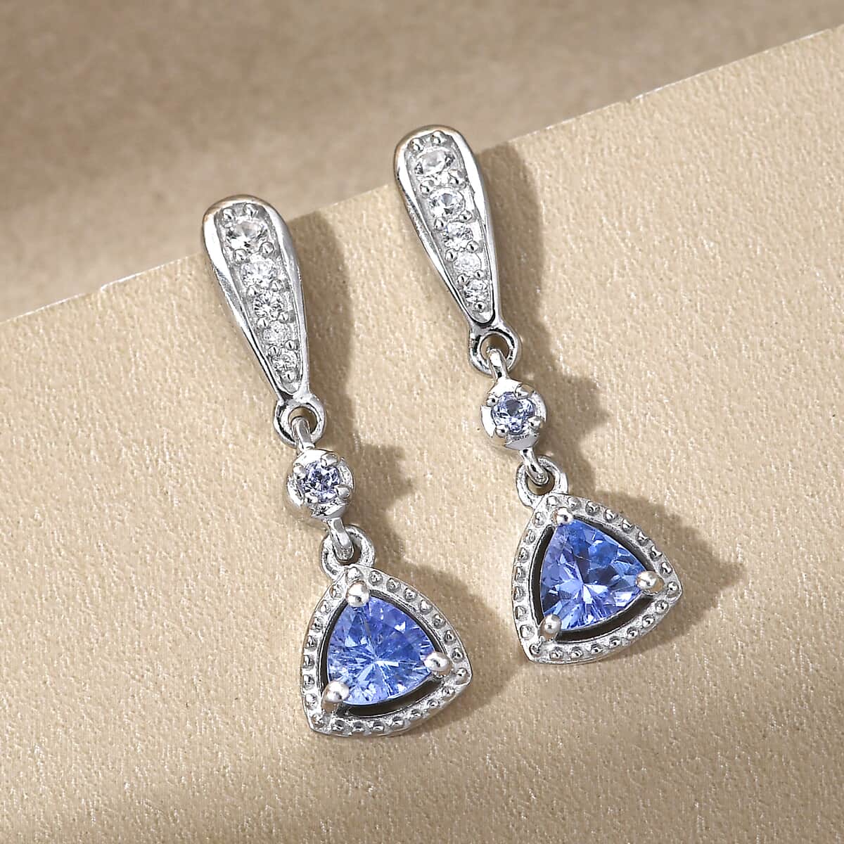 Tanzanite and Natural White Zircon Dangling Earrings in Platinum Over Sterling Silver 0.85 ctw image number 1