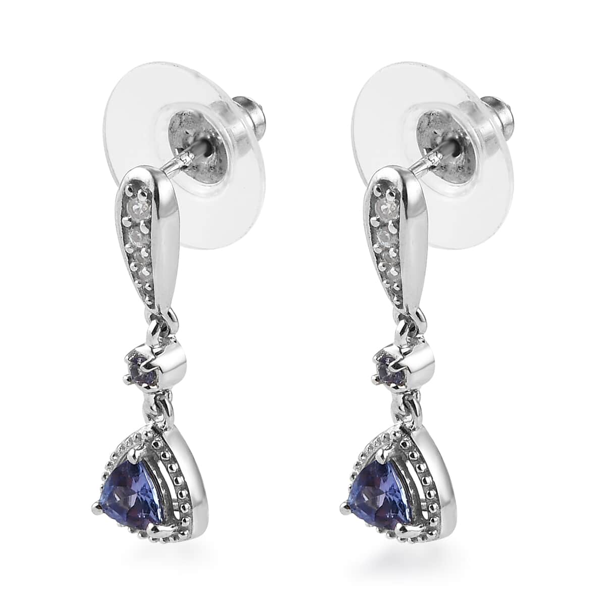 Tanzanite and Natural White Zircon Dangling Earrings in Platinum Over Sterling Silver 0.85 ctw image number 3