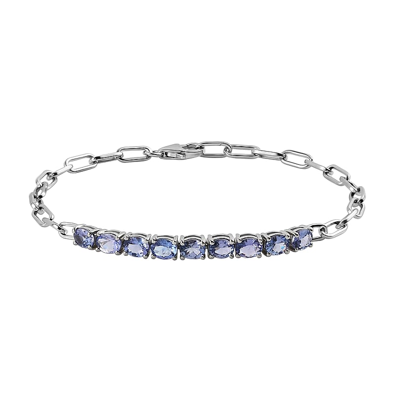 Tanzanite Paper Clip Chain Bracelet in Platinum Over Sterling Silver (7.25 In) 3.15 ctw