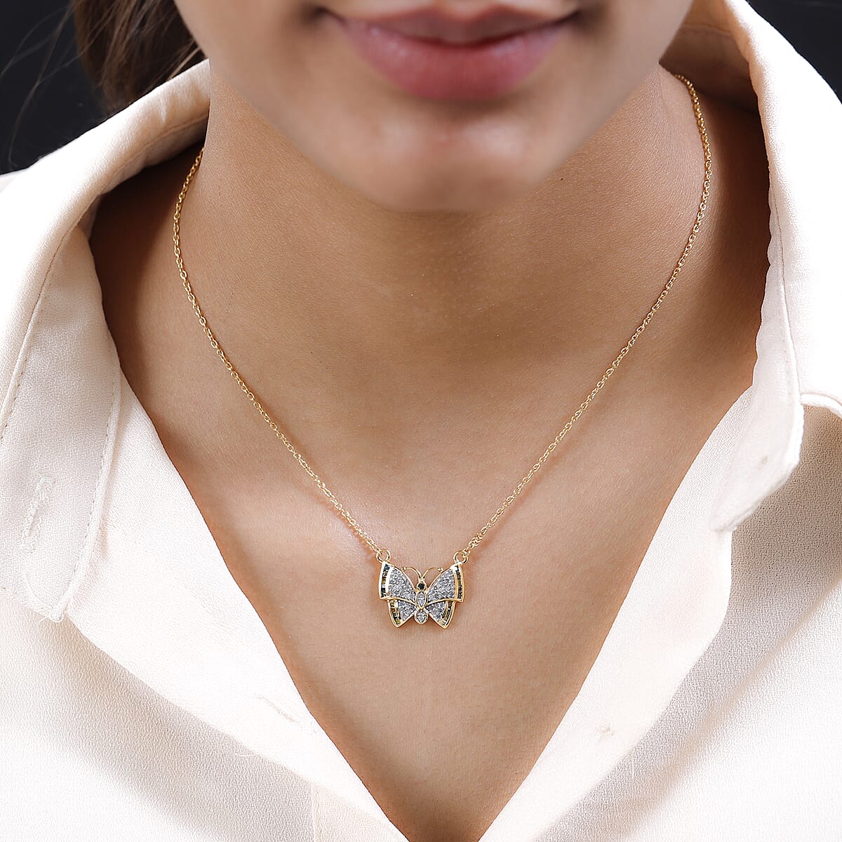 GP Italian Garden Collection Multi Diamond Cluster Butterfly Necklace 20 Inches in Vermeil Yellow Gold Over Sterling Silver 0.50 ctw image number 2