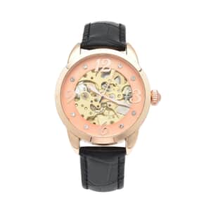 Genoa Mechanical Movement Simulated Diamond Watch with Black Genuine Leather Strap (38 mm) (7.25 -9.00 Inches) 0.40 ctw