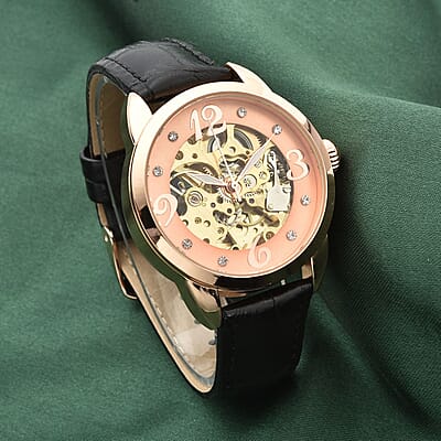 Genoa Mechanical Movement Simulated Diamond Watch with Black Genuine Leather Strap (38 mm) (7.25 -9.00 Inches) 0.40 ctw