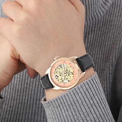 Genoa Mechanical Movement Simulated Diamond Watch with Black Genuine Leather Strap (38 mm) (7.25 -9.00 Inches) 0.40 ctw