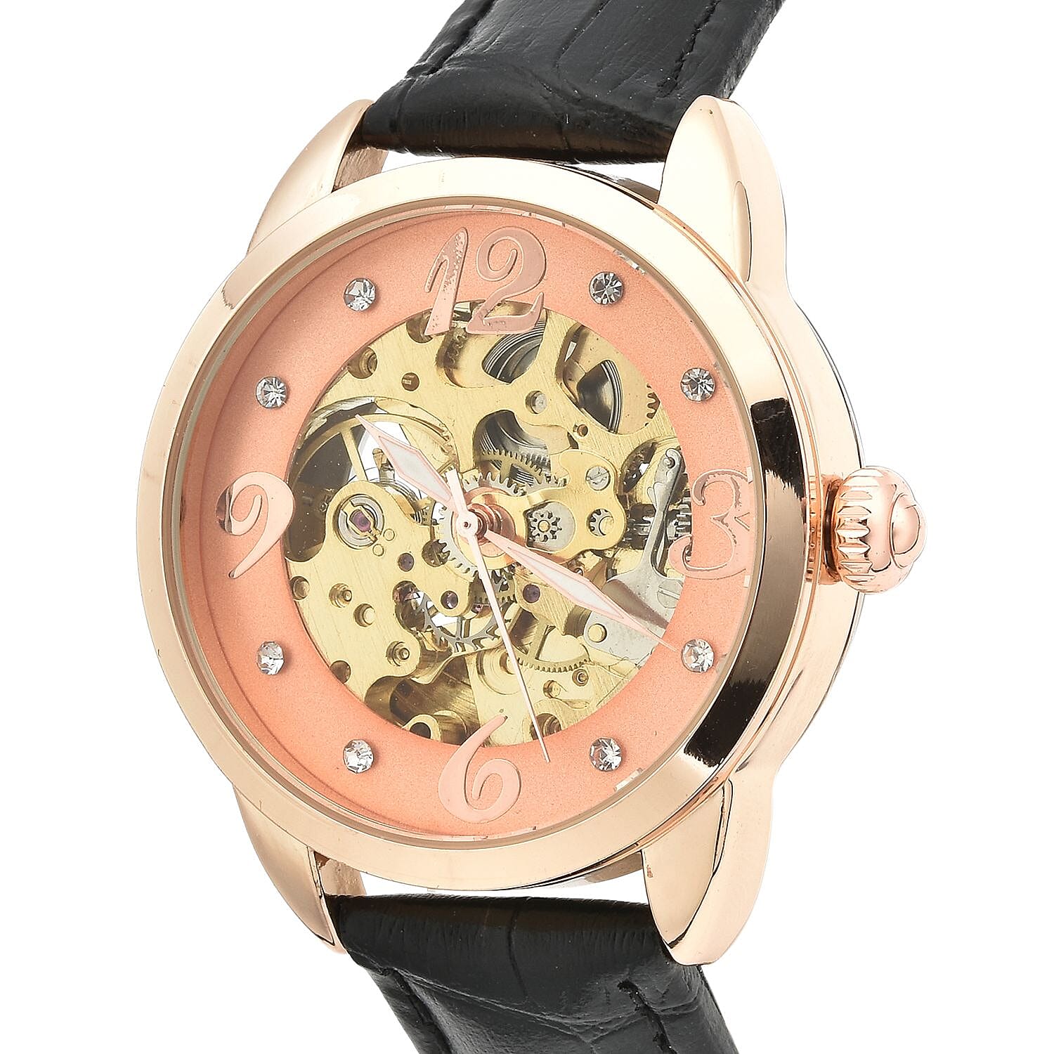 Genoa Mechanical Movement Simulated Diamond Watch with Black Genuine Leather Strap (38 mm) (7.25 -9.00 Inches) 0.40 ctw
