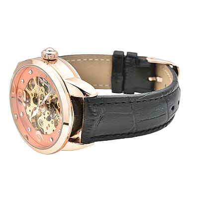 Genoa Mechanical Movement Simulated Diamond Watch with Black Genuine Leather Strap (38 mm) (7.25 -9.00 Inches) 0.40 ctw