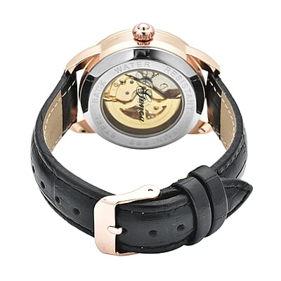 Genoa Mechanical Movement Simulated Diamond Watch with Black Genuine Leather Strap (38 mm) (7.25 -9.00 Inches) 0.40 ctw