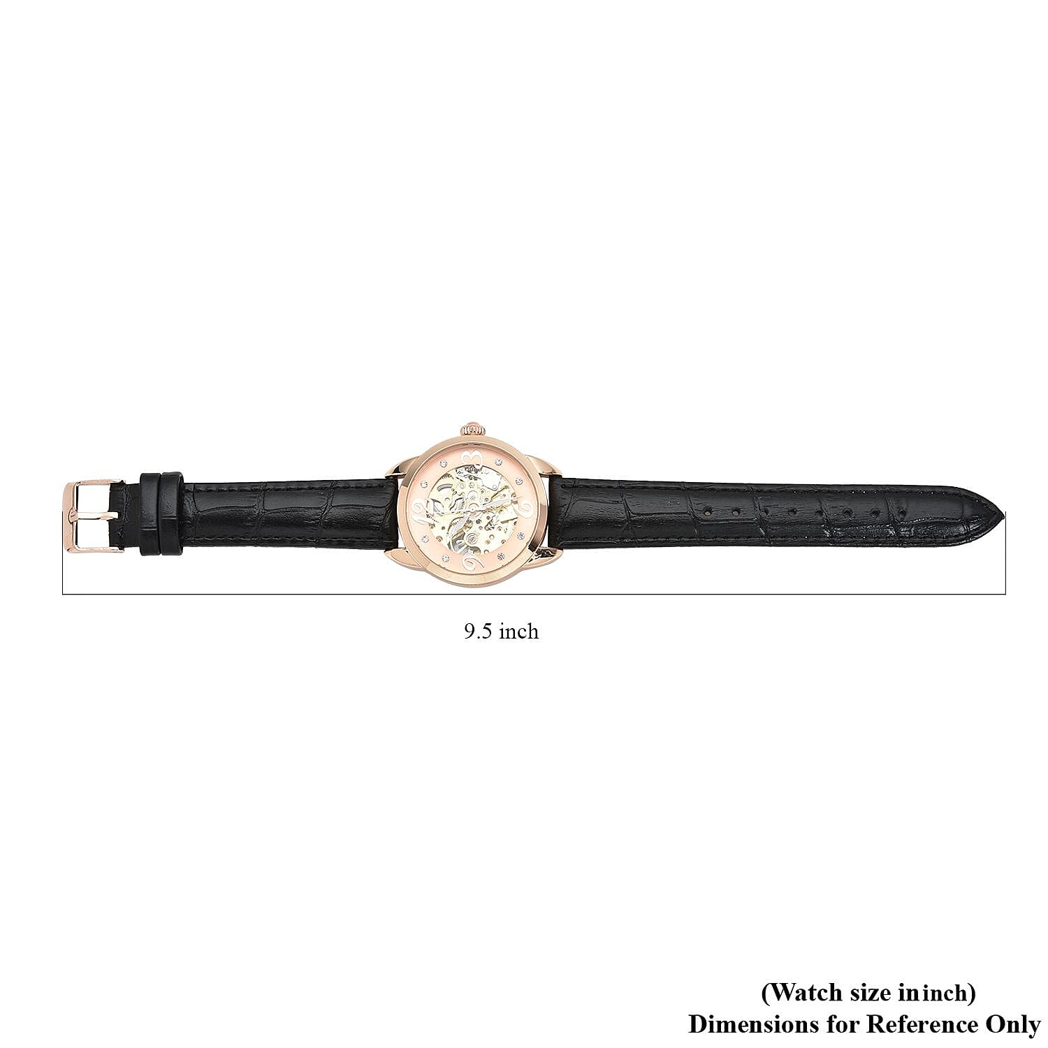 Genoa Mechanical Movement Simulated Diamond Watch with Black Genuine Leather Strap (38 mm) (7.25 -9.00 Inches) 0.40 ctw