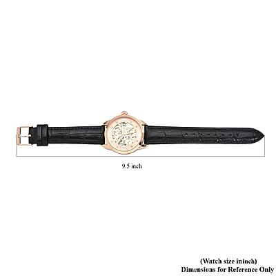 Genoa Mechanical Movement Simulated Diamond Watch with Black Genuine Leather Strap (38 mm) (7.25 -9.00 Inches) 0.40 ctw
