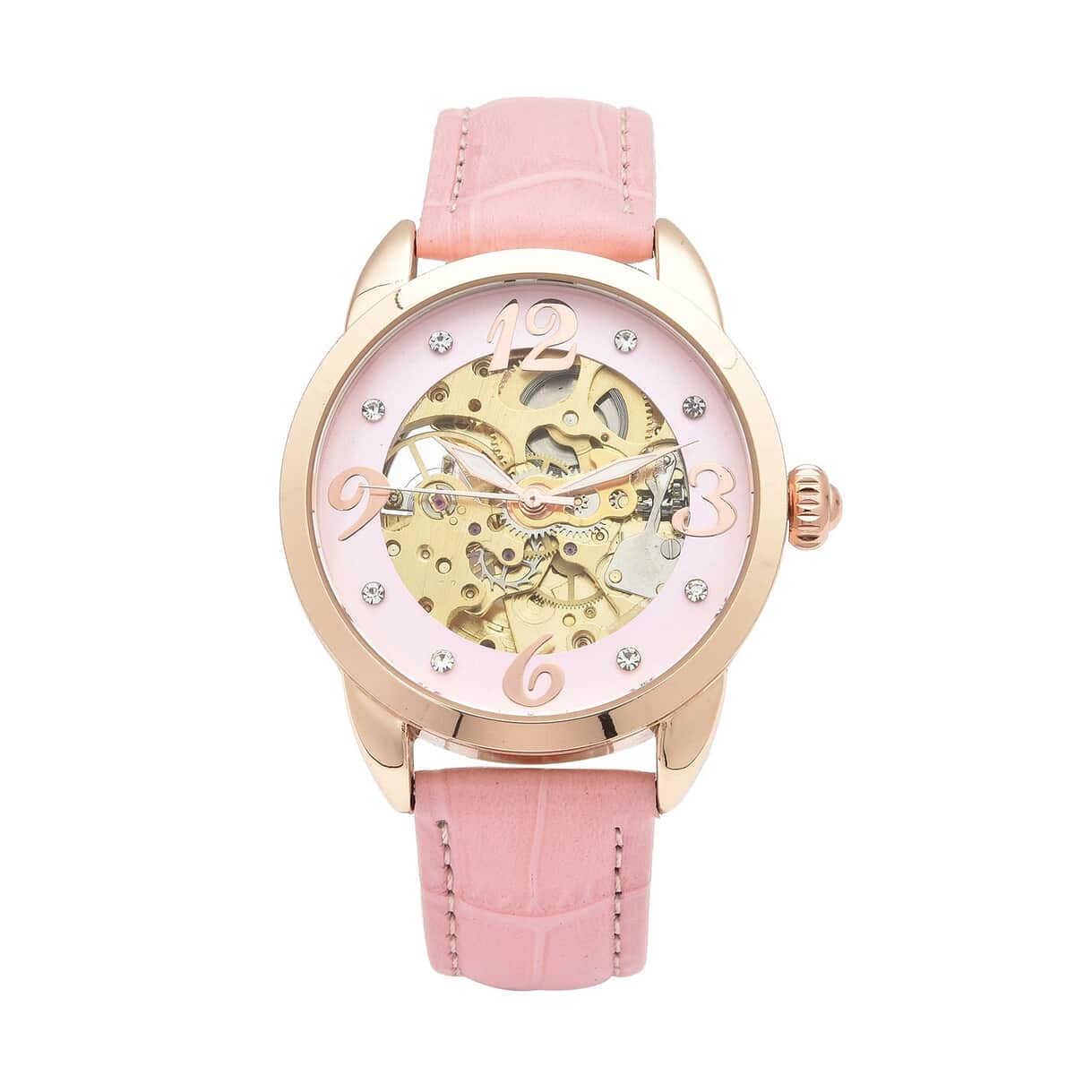 Genoa Mechanical Movement Simulated Diamond Watch with Pink Genuine Leather Strap (38 mm) (7.25 -9.00 Inches) 0.40 ctw image number 0