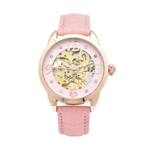 Genoa Mechanical Movement Simulated Diamond Watch with Pink Genuine Leather Strap (38 mm) (7.25 -9.00 Inches) 0.40 ctw