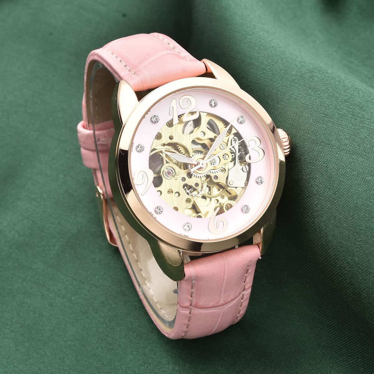 Genoa Mechanical Movement Simulated Diamond Watch with Pink Genuine Leather Strap (38 mm) (7.25 -9.00 Inches) 0.40 ctw image number 1