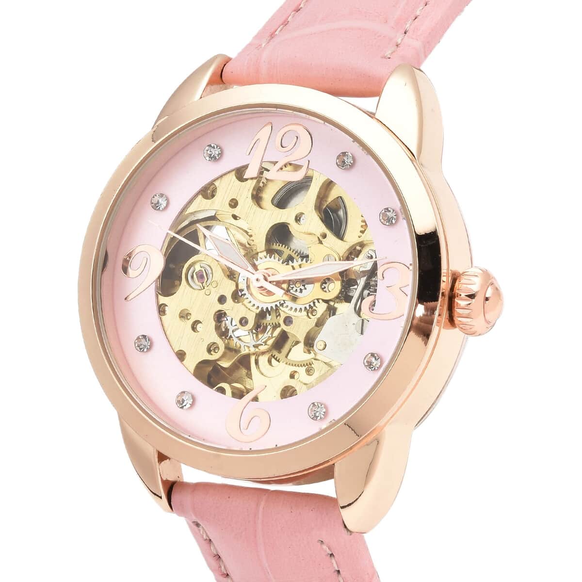 Genoa Mechanical Movement Simulated Diamond Watch with Pink Genuine Leather Strap (38 mm) (7.25 -9.00 Inches) 0.40 ctw image number 3