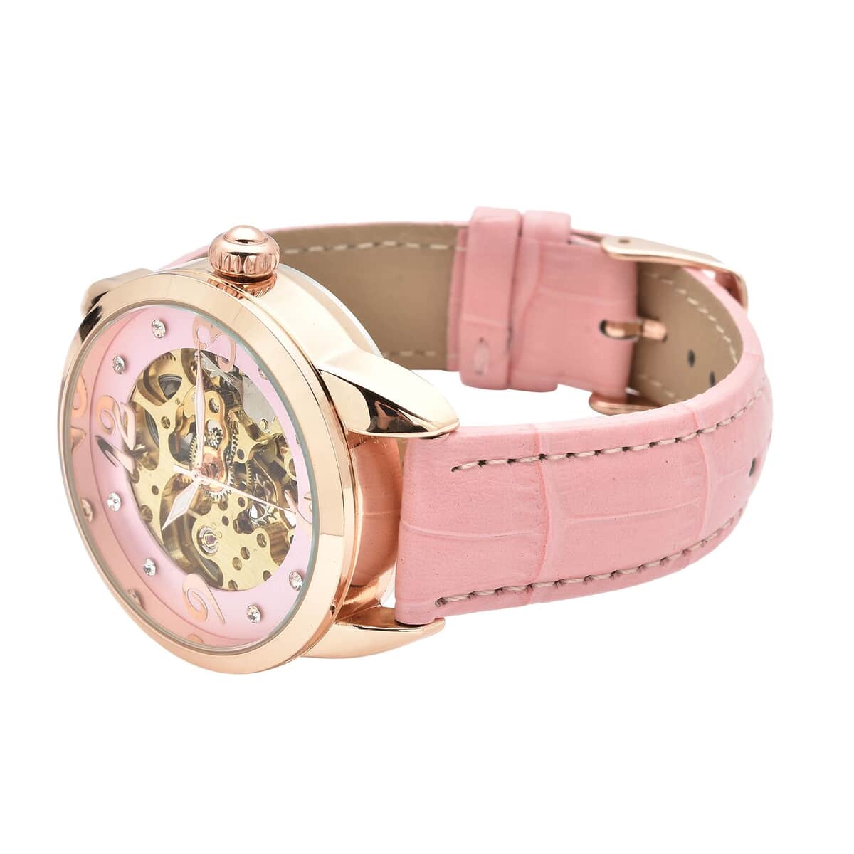 Genoa Mechanical Movement Simulated Diamond Watch with Pink Genuine Leather Strap (38 mm) (7.25 -9.00 Inches) 0.40 ctw image number 4