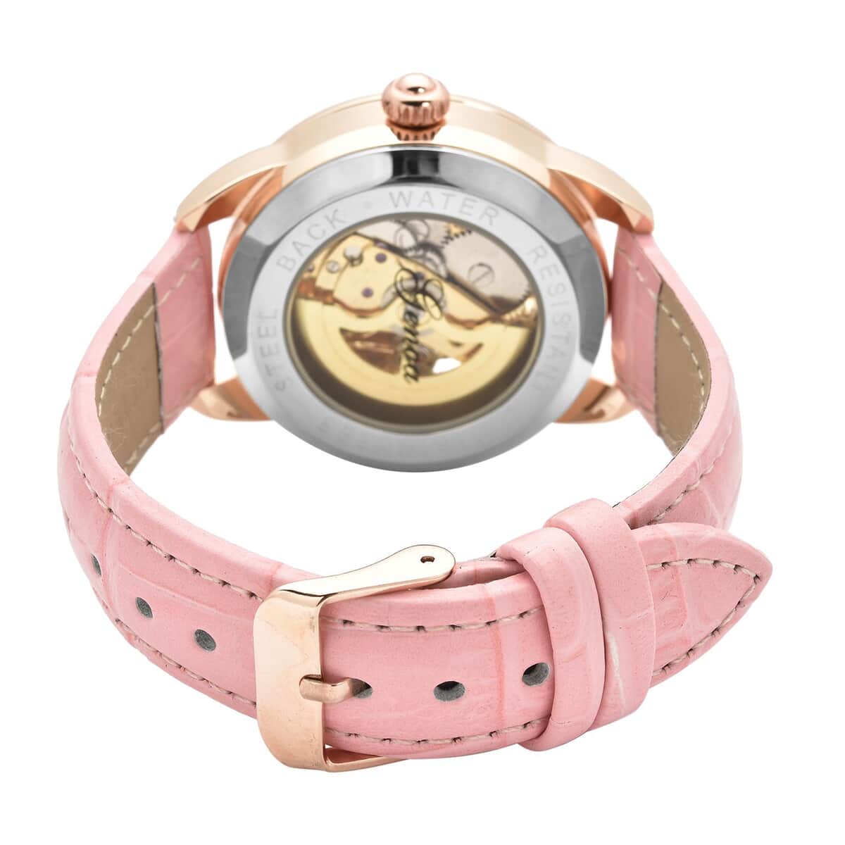 Genoa Mechanical Movement Simulated Diamond Watch with Pink Genuine Leather Strap (38 mm) (7.25 -9.00 Inches) 0.40 ctw image number 5