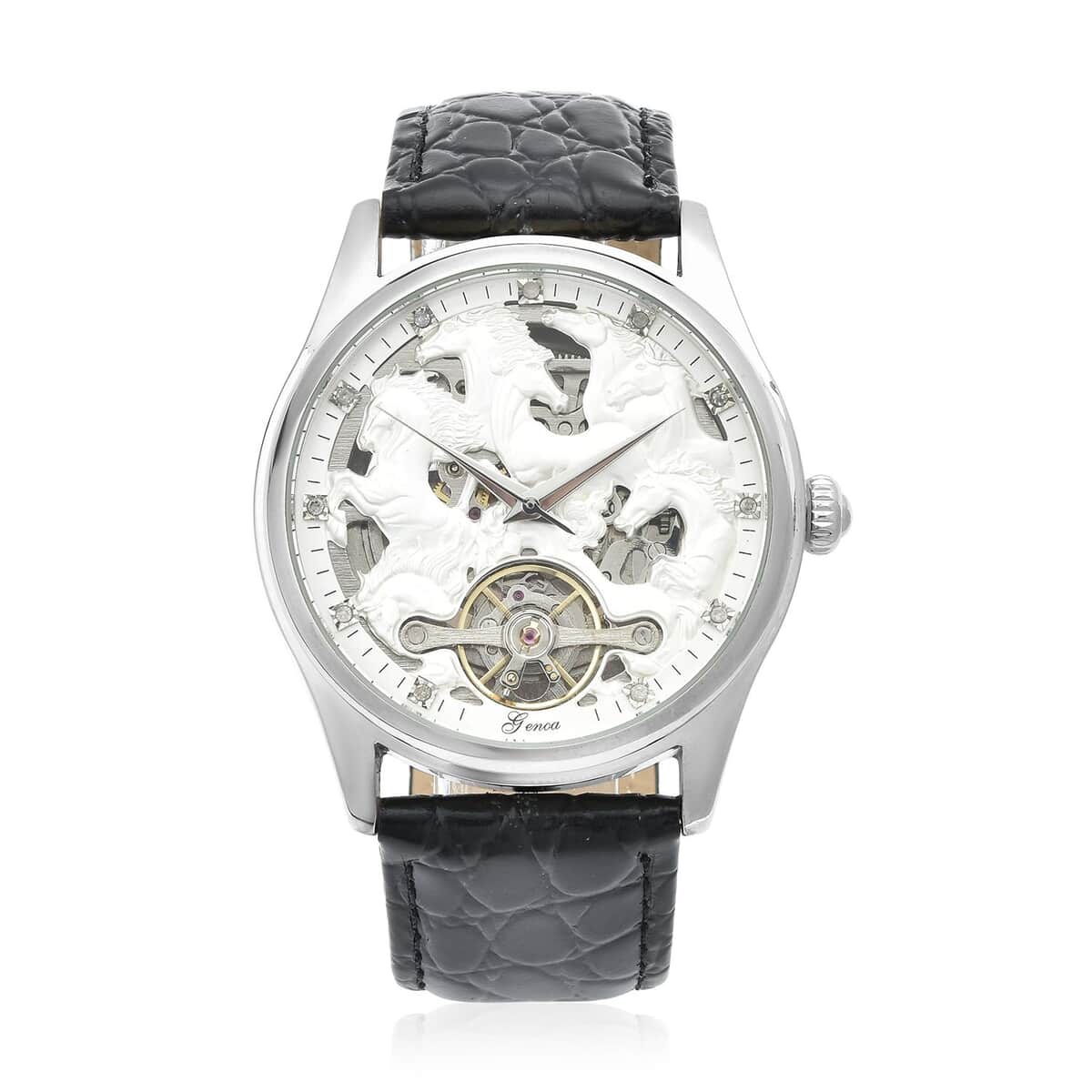 Genoa Diamond Automatic Mechanical Movement Horse Pattern Dial Watch with Black Genuine Leather (44.2mm) (7.75-9.0Inches) 0.10 ctw image number 0