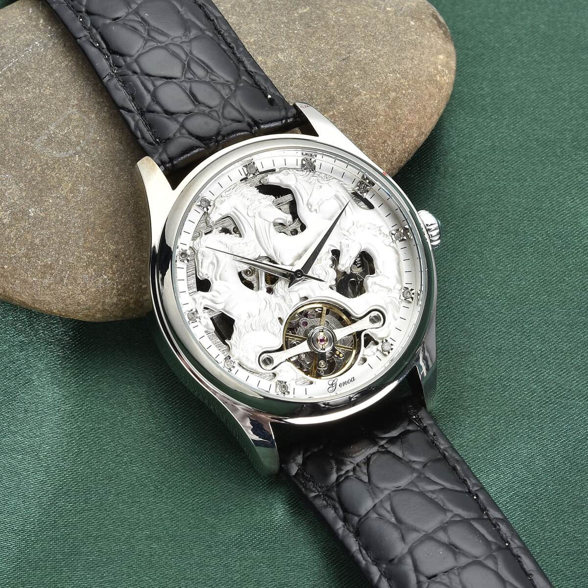 Genoa Diamond Automatic Mechanical Movement Horse Pattern Dial Watch with Black Genuine Leather (44.2mm) (7.75-9.0Inches) 0.10 ctw image number 1