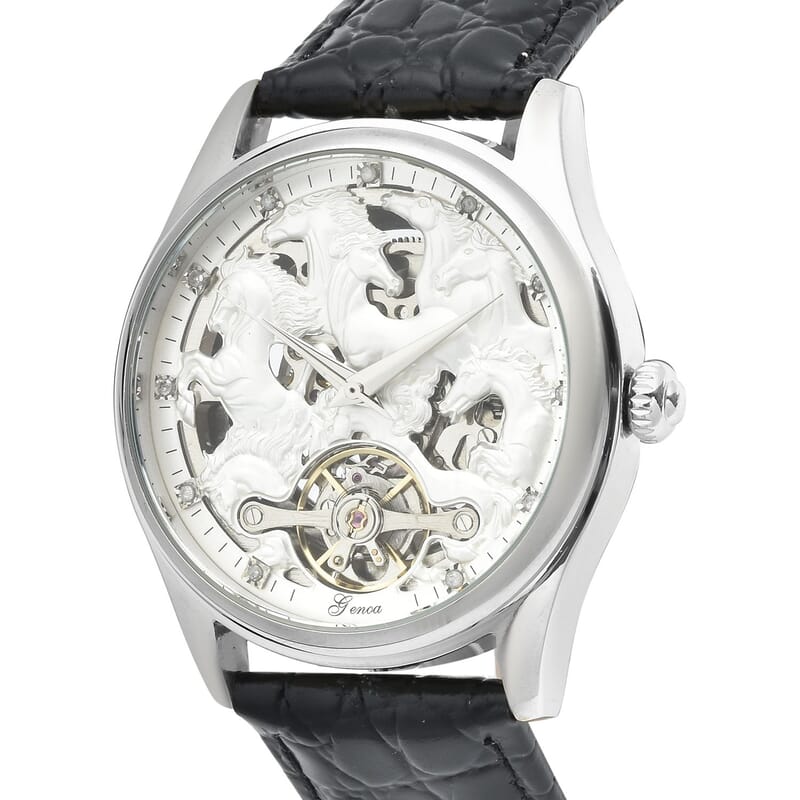 Genoa Diamond Automatic Mechanical Movement Horse Pattern Dial Watch with Black Genuine Leather (44.2mm) (7.75-9.0Inches) 0.10 ctw