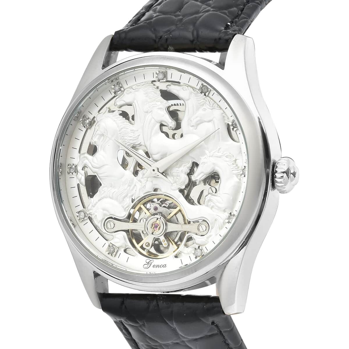 Genoa Diamond Automatic Mechanical Movement Horse Pattern Dial Watch with Black Genuine Leather (44.2mm) (7.75-9.0Inches) 0.10 ctw image number 3