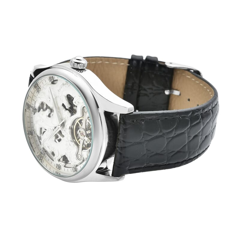 Genoa Diamond Automatic Mechanical Movement Horse Pattern Dial Watch with Black Genuine Leather (44.2mm) (7.75-9.0Inches) 0.10 ctw
