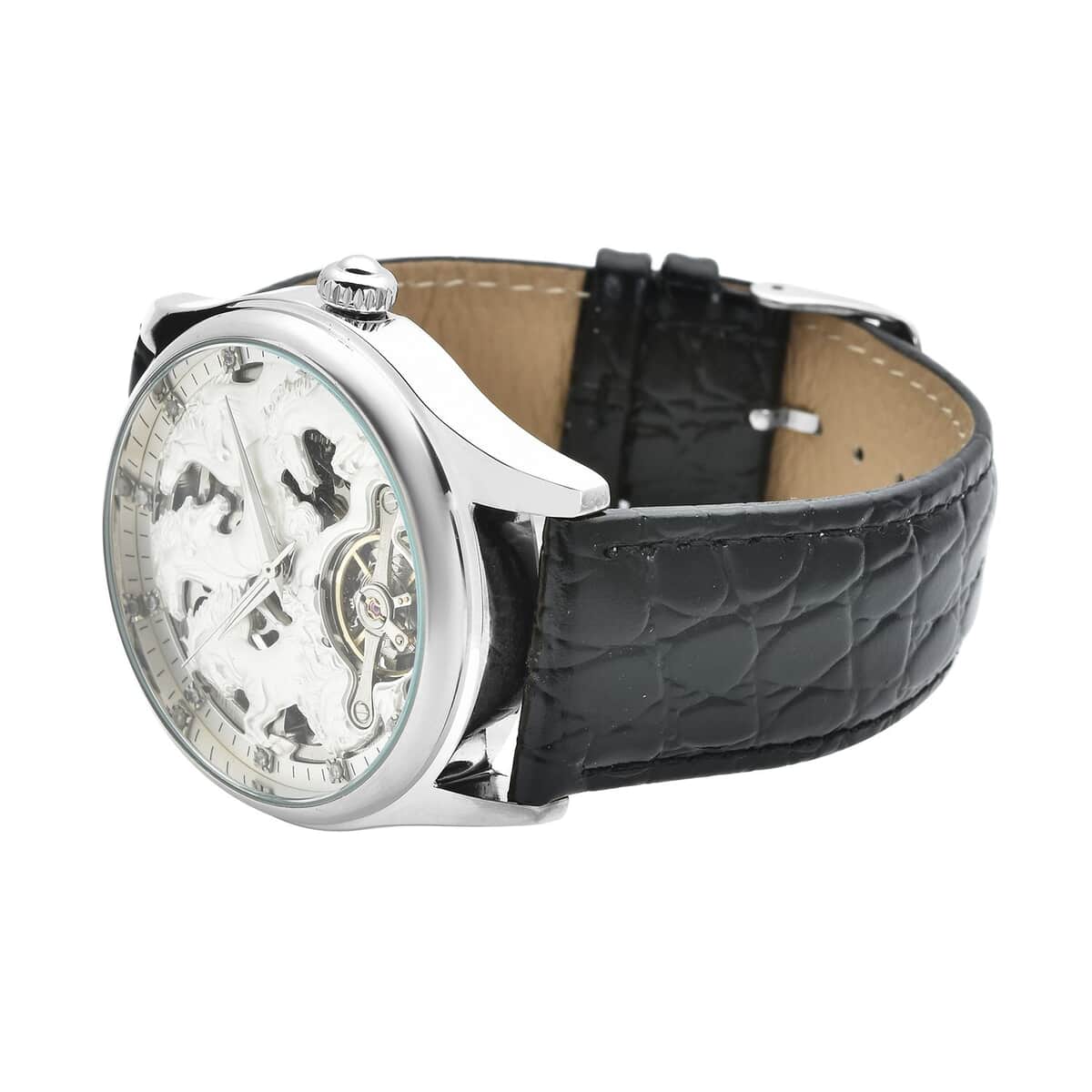 Genoa Diamond Automatic Mechanical Movement Horse Pattern Dial Watch with Black Genuine Leather (44.2mm) (7.75-9.0Inches) 0.10 ctw image number 4