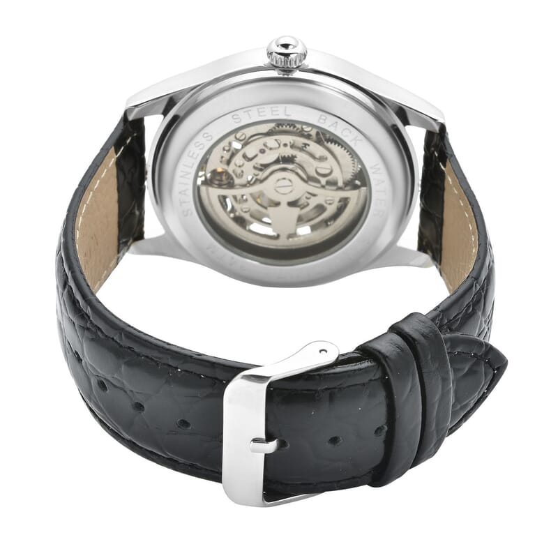 Genoa Diamond Automatic Mechanical Movement Horse Pattern Dial Watch with Black Genuine Leather (44.2mm) (7.75-9.0Inches) 0.10 ctw