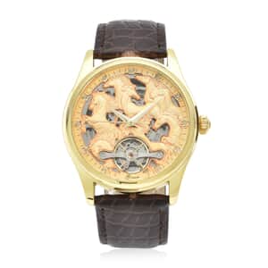 Genoa Diamond Automatic Mechanical Movement Horse Pattern Dial Watch with Black Genuine Leather (44.2mm) (7.75-9.0Inches) 0.10 ctw