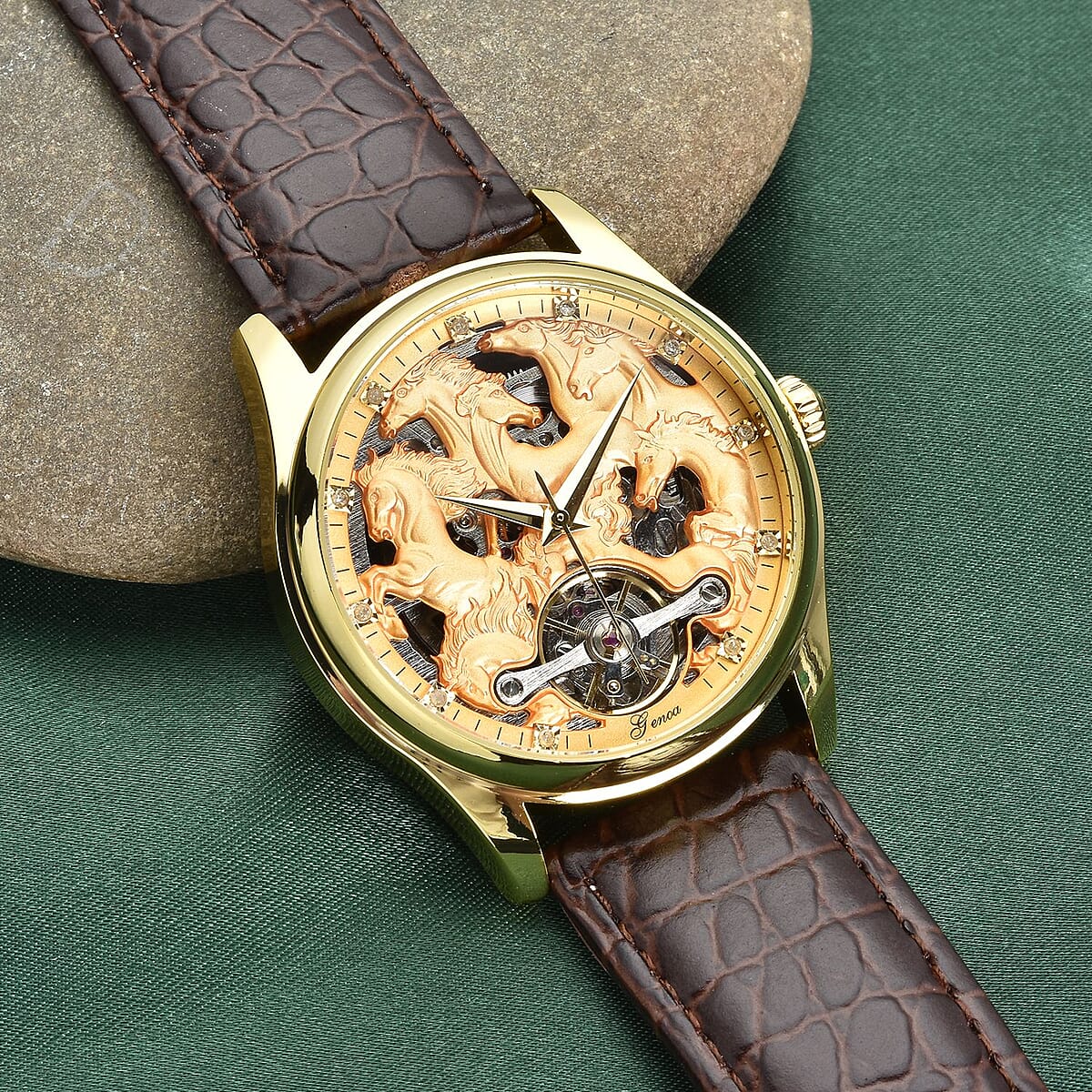 Genoa Diamond Automatic Mechanical Movement Horse Pattern Dial Watch with Brown Genuine Leather (44mm) (7.75-9.0Inches) 0.10 ctw image number 1