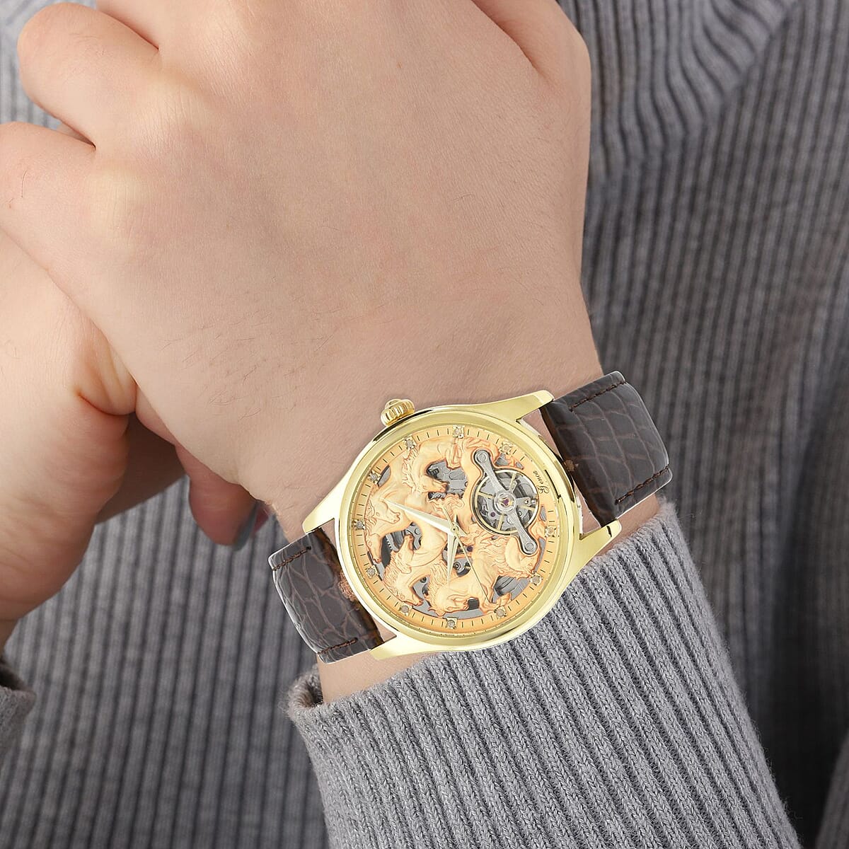 Genoa Diamond Automatic Mechanical Movement Horse Pattern Dial Watch with Brown Genuine Leather (44mm) (7.75-9.0Inches) 0.10 ctw image number 2