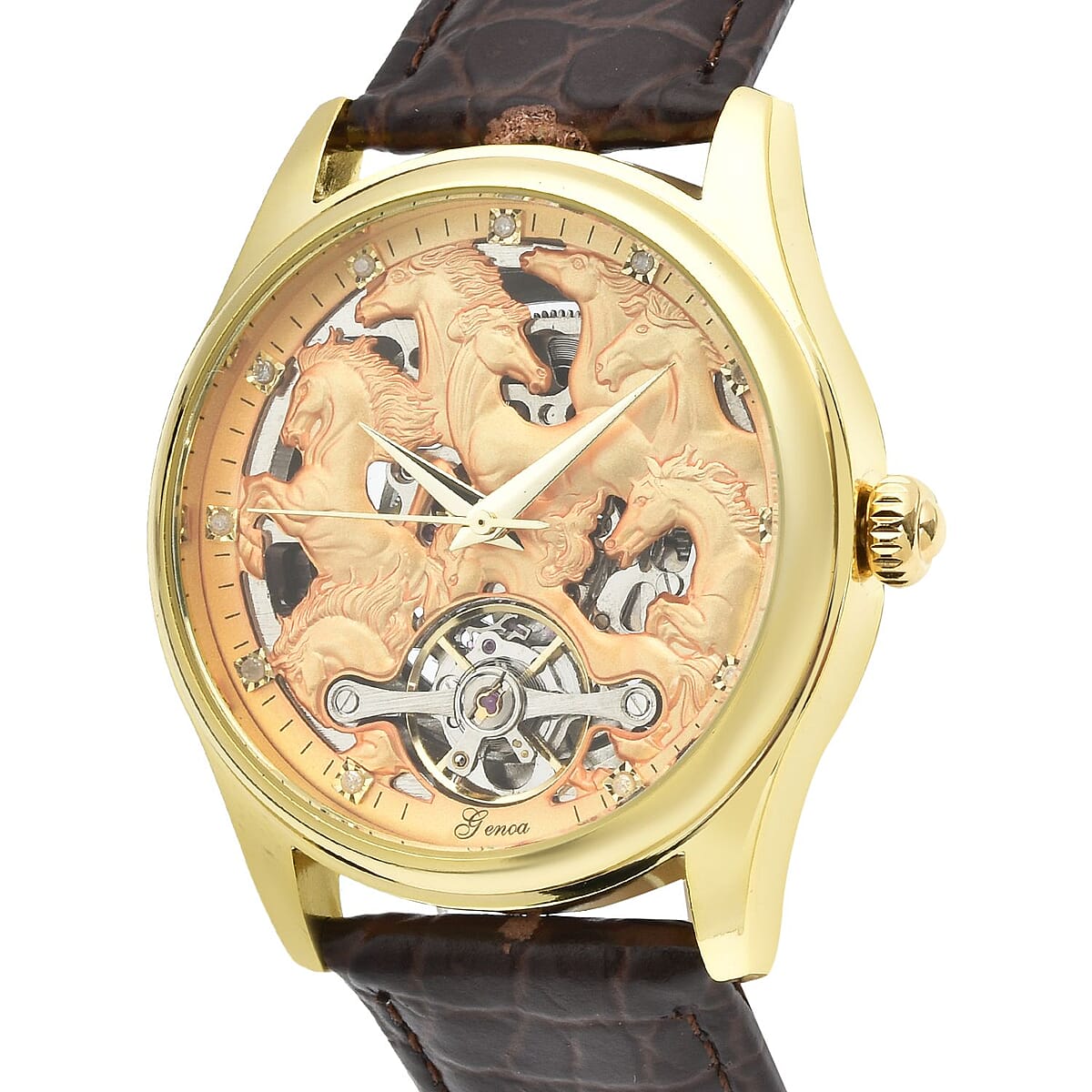Genoa Diamond Automatic Mechanical Movement Horse Pattern Dial Watch with Brown Genuine Leather (44mm) (7.75-9.0Inches) 0.10 ctw image number 3