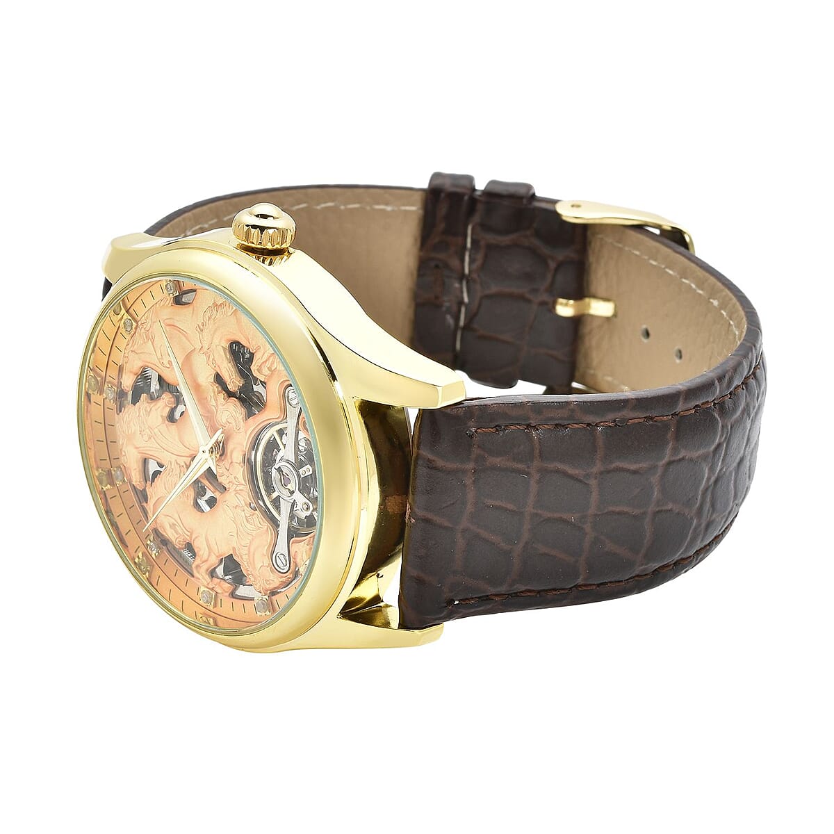 Genoa Diamond Automatic Mechanical Movement Horse Pattern Dial Watch with Brown Genuine Leather (44mm) (7.75-9.0Inches) 0.10 ctw image number 4