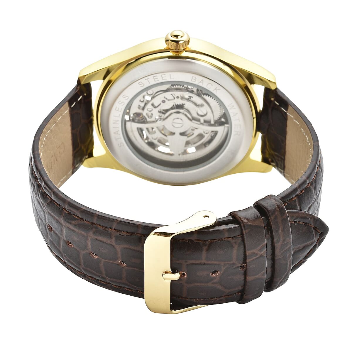 Genoa Diamond Automatic Mechanical Movement Horse Pattern Dial Watch with Brown Genuine Leather (44mm) (7.75-9.0Inches) 0.10 ctw image number 5