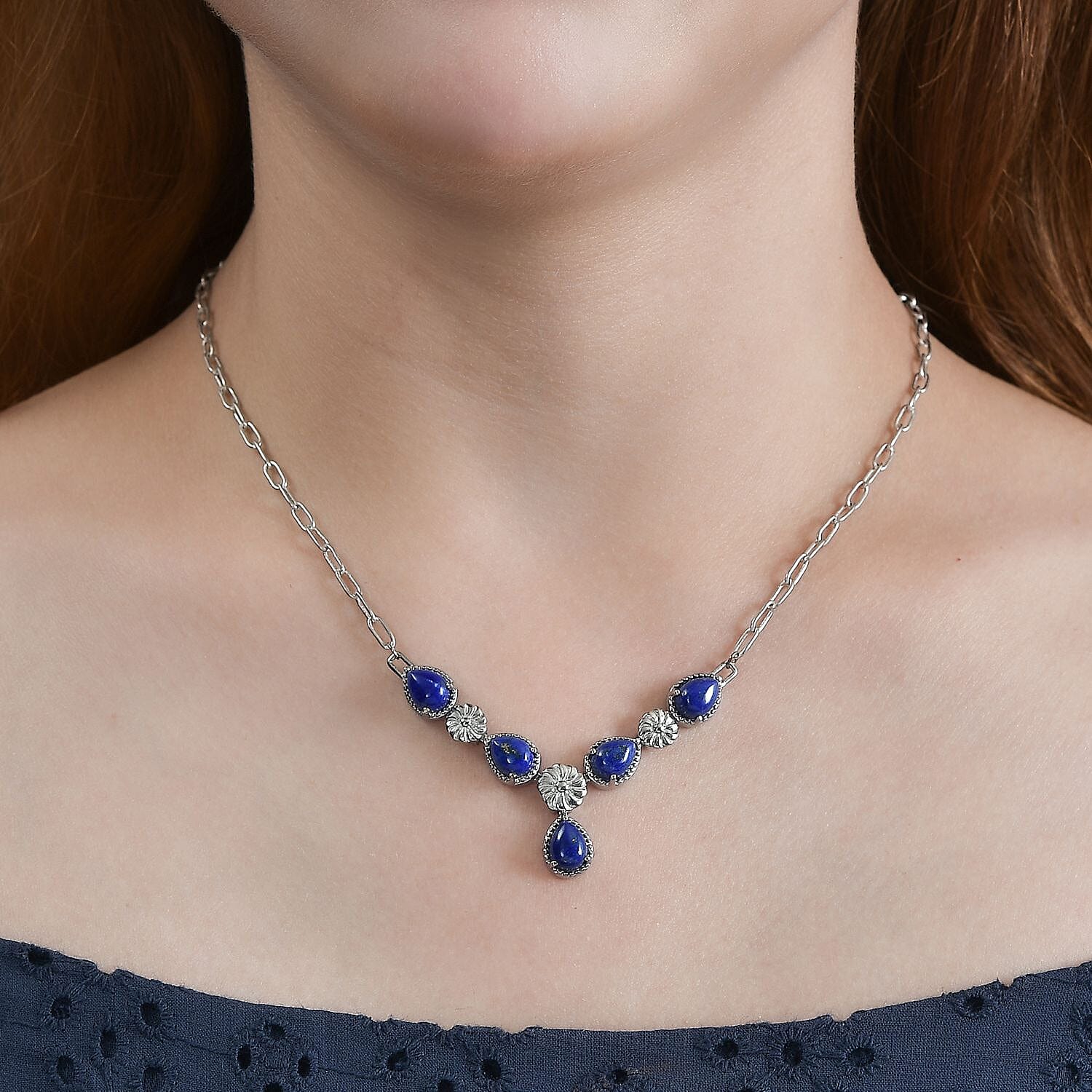 Karis Lapis Lazuli Necklace 18 Inches in Platinum Bond and Stainless Steel 7.50 ctw