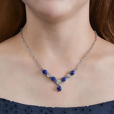 Karis Lapis Lazuli Necklace 18 Inches in Platinum Bond and Stainless Steel 7.50 ctw