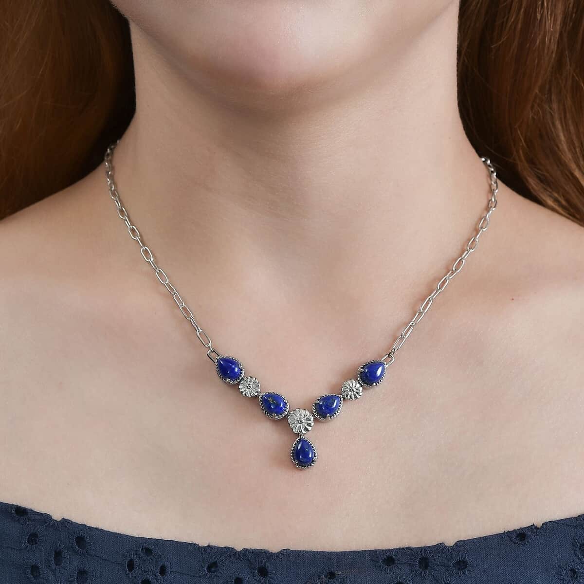 Karis Lapis Lazuli Necklace 18 Inches in Platinum Bond and Stainless Steel 7.50 ctw image number 2