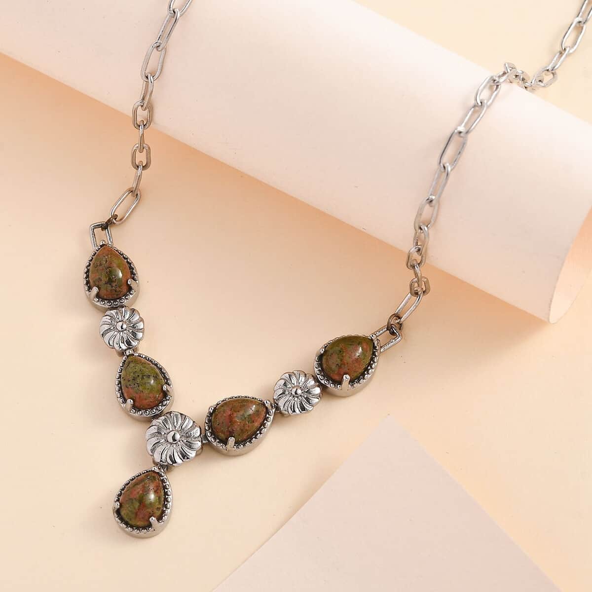 Karis Unakite Necklace 18 Inches in Platinum Bond and Stainless Steel 7.65 ctw image number 1