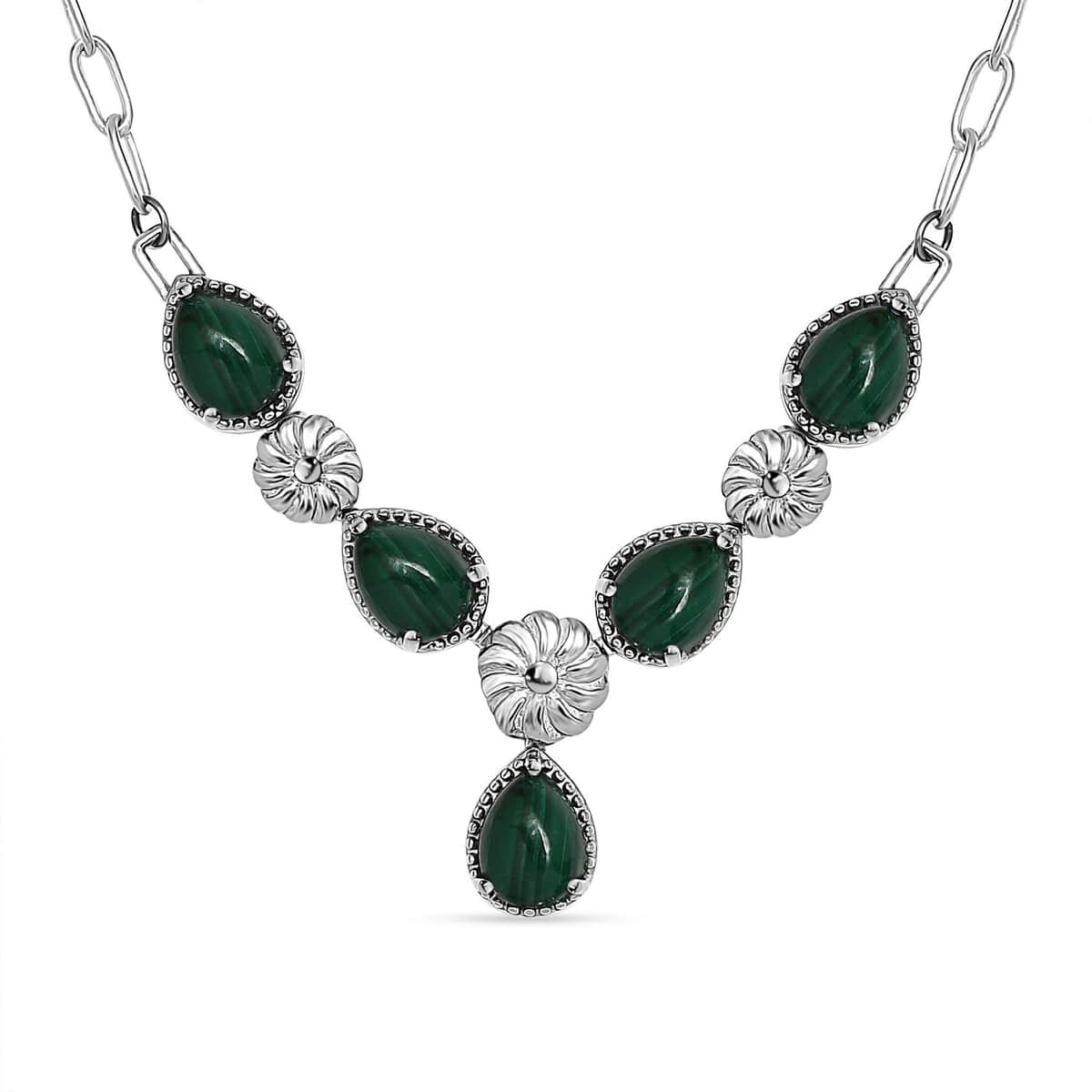 Karis African Malachite Necklace 18 Inches in Platinum Bond and Stainless Steel 8.25 ctw image number 0