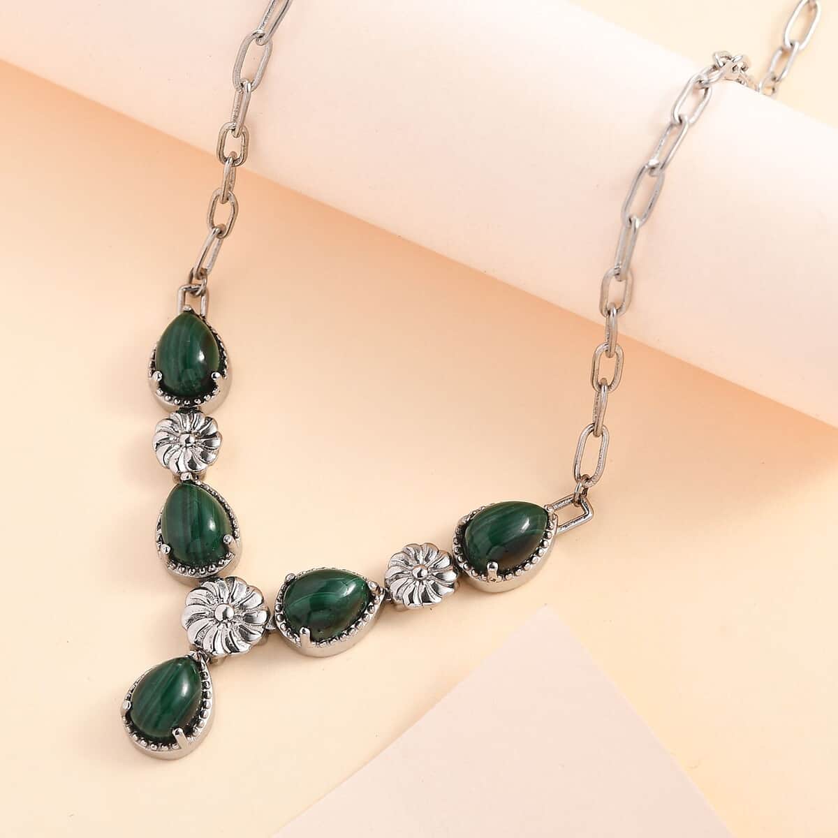 Karis African Malachite Necklace 18 Inches in Platinum Bond and Stainless Steel 8.25 ctw image number 1