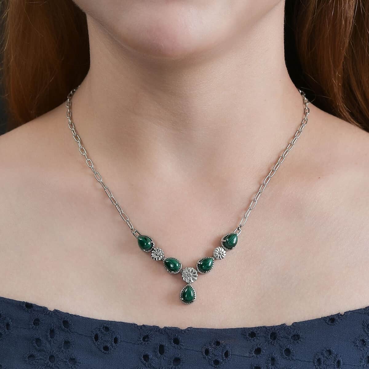 Karis African Malachite Necklace 18 Inches in Platinum Bond and Stainless Steel 8.25 ctw image number 2