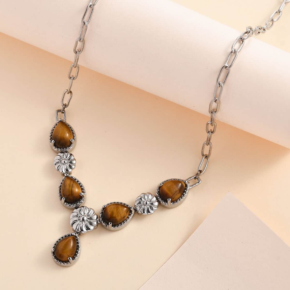 Karis Tiger's Eye Necklace 18 Inches in Platinum Bond and Stainless Steel 6.65 ctw image number 1