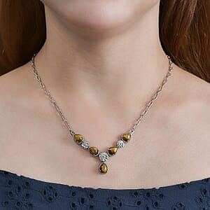 Karis Tiger's Eye Necklace 18 Inches in Platinum Bond and Stainless Steel 6.65 ctw