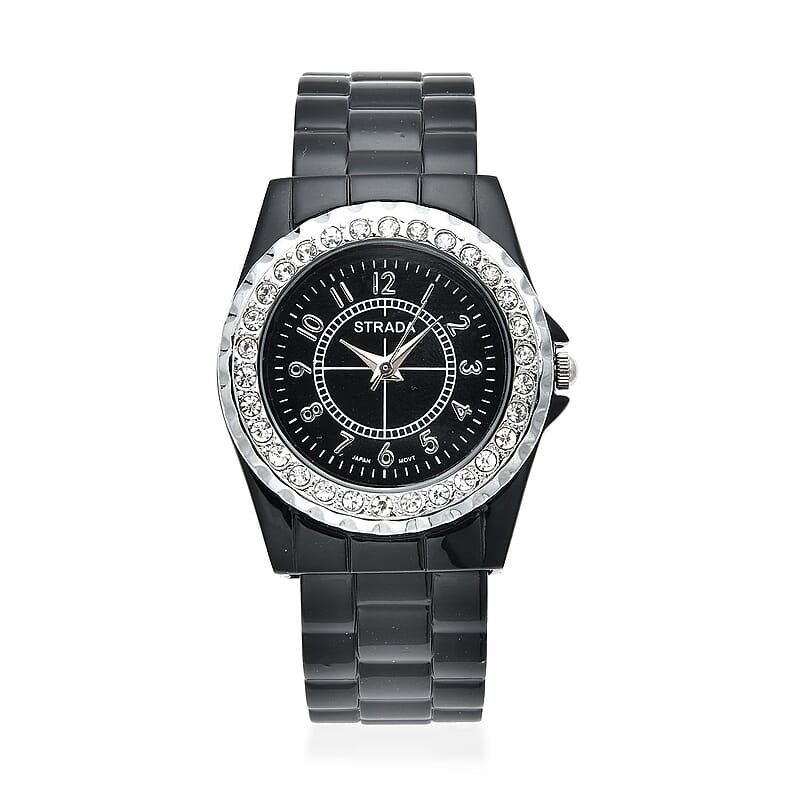 Strada Austrian Crystal Japanese Movement Watch in Black (up to 6.50 Inch) (30.50 mm)