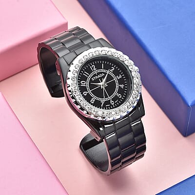 Strada Austrian Crystal Japanese Movement Watch in Black (up to 6.50 Inch) (30.50 mm)