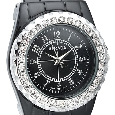 Strada Austrian Crystal Japanese Movement Watch in Black (up to 6.50 Inch) (30.50 mm)