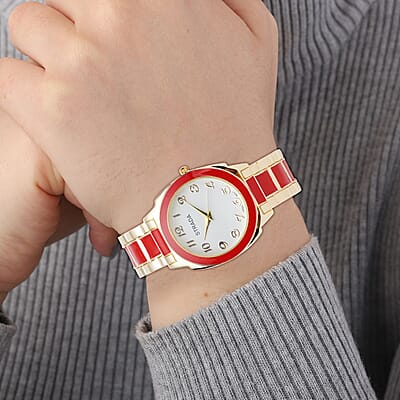 Strada Japanese Movement Watch with Red Enameled Stainless Steel Strap (35.80 mm) (6.50-7.50 Inches)