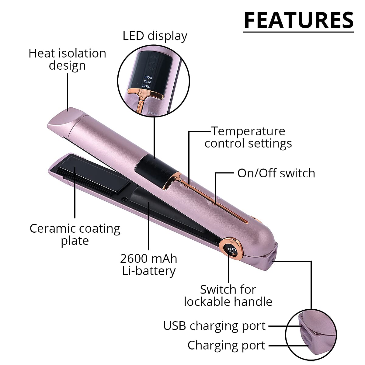 BEAUTECH Rose Wireless Mini Travel Flat Iron with Rechargeable Battery image number 2