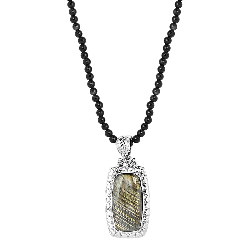 Karis Malagasy Labradorite 92.75 ctw Pendant with Black Quartzite Beaded Necklace in Platinum Bond 20 Inches