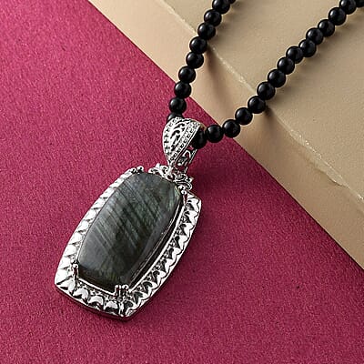 Karis Malagasy Labradorite 92.75 ctw Pendant with Black Quartzite Beaded Necklace in Platinum Bond 20 Inches