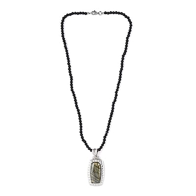 Karis Malagasy Labradorite 92.75 ctw Pendant with Black Quartzite Beaded Necklace in Platinum Bond 20 Inches