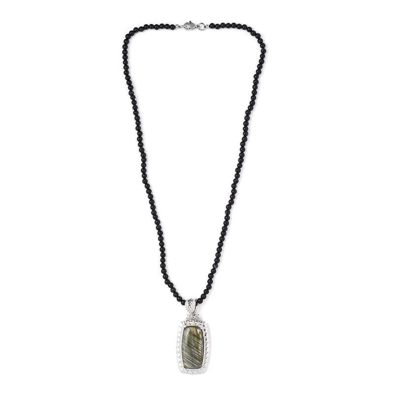 Karis Malagasy Labradorite 92.75 ctw Pendant with Black Quartzite Beaded Necklace in Platinum Bond 20 Inches